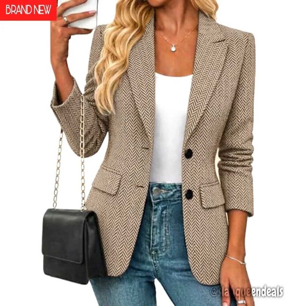 Women's Tailored Tweed Blazer, Fully Lined, Notched Lapel, Pockets, Work Office